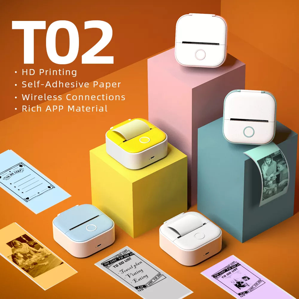 Phomemo T02 Mini Printer - Portable Thermal Printer, Wireless, Inkless, Self-Adhesive Labels and Stickers