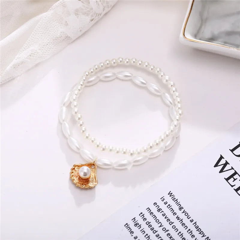 Modyle New Fashion Bohemian Anklet for Women – Simulated Pearls, Gold Tone Shell Pendants, Wedding and Gift Jewelry