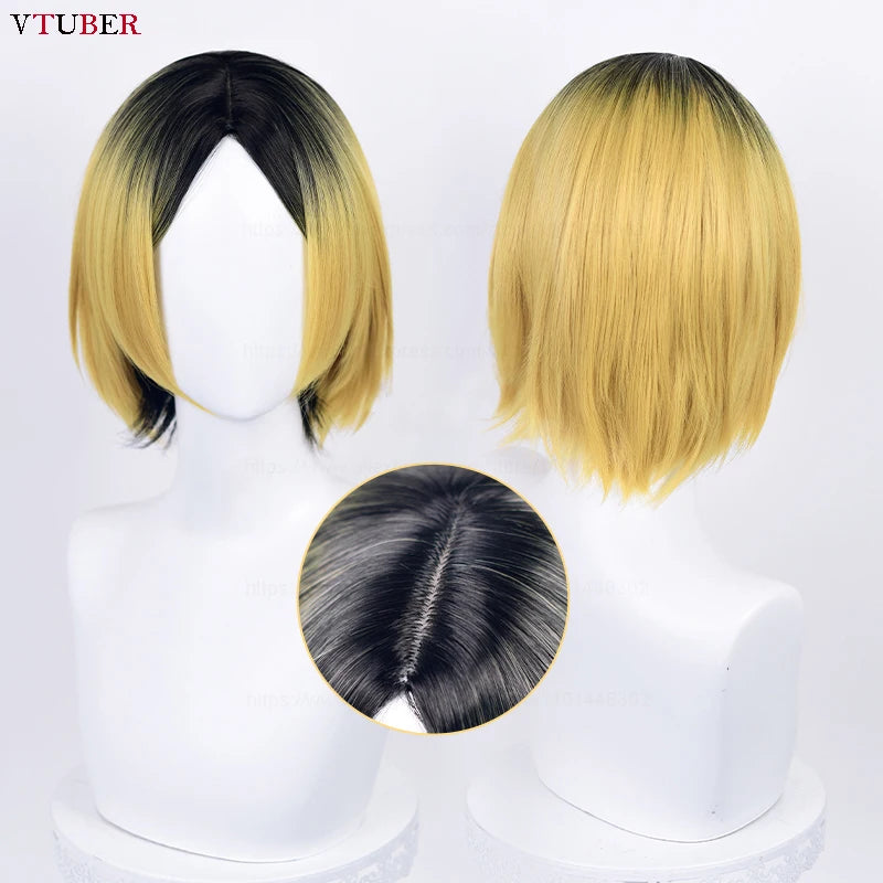 Kenma Kozume Cosplay Perücke – Kurze Schwarz-Gelbe, Hitzebeständige Synthetische Anime-Haare