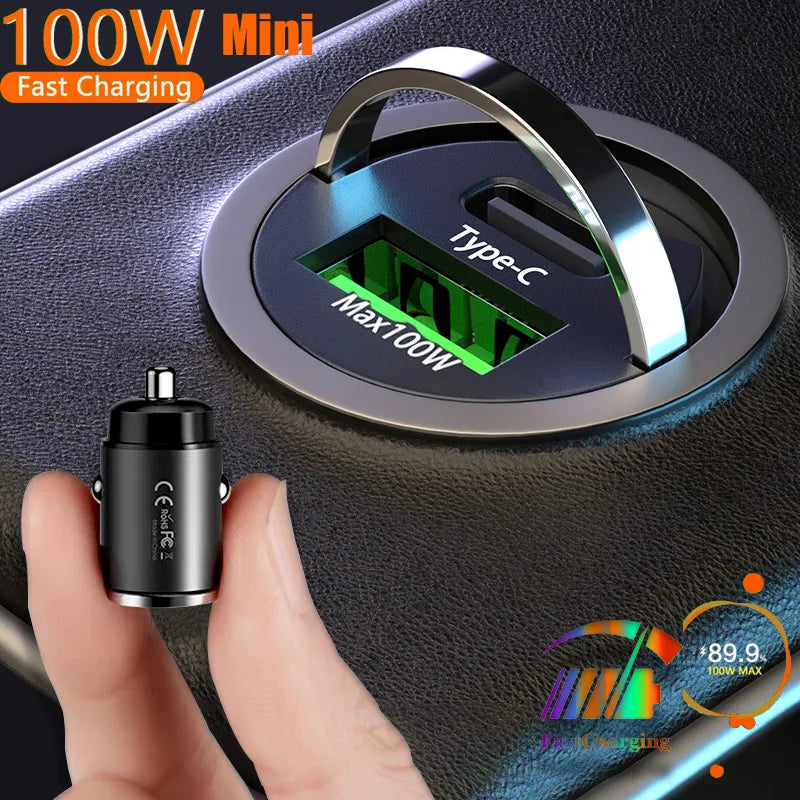 Mini 100W Car Charger - Type-C &amp; Dual USB, Fast Charging for iPhone 15 Pro Max, Samsung, Huawei, Xiaomi, Cigarette Lighter Plug