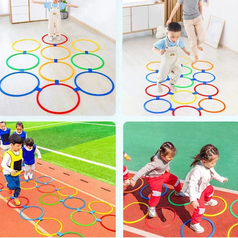 Neues Outdoor-Sportspielzeug für Kinder, Körperliche Ausbildung, Gitter-Sprung-Ring-Set, 10 Reifen, 10 Anschlüsse, Parkspiel für Jungen und Mädchen