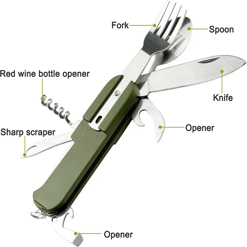 7-in-1 Multifunktionales Outdoor-Geschirr – Tragbares Edelstahl-Besteckset mit Messer, Gabel, Löffel und Flaschenöffner