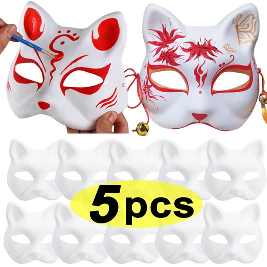 Weiße DIY Papiermaske (Katze/Fuchs) – 1/5 Stück, Halbgesichtsmaske für Halloween & Cosplay