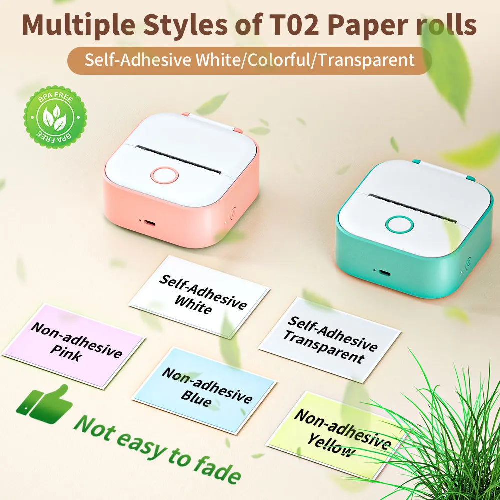 Phomemo T02 Mini Printer - Portable Thermal Printer, Wireless, Inkless, Self-Adhesive Labels and Stickers