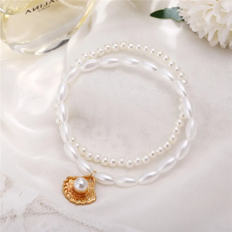 Modyle New Fashion Bohemian Anklet for Women – Simulated Pearls, Gold Tone Shell Pendants, Wedding and Gift Jewelry