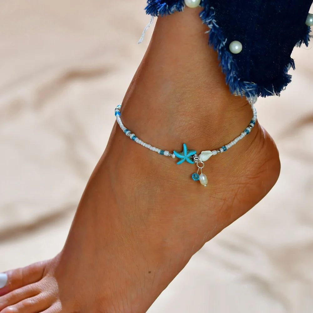 Modyle Pearl and Starfish Anklet – Vintage Handmade Boho Jewelry for Women