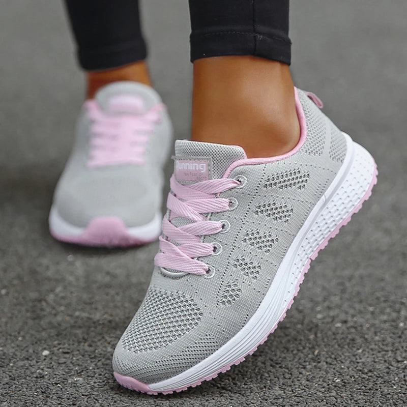 Damen Sneakers 2024, neue Mode, atmungsaktive einfarbige Walking-Sneakers aus Mesh-Stoff, Schnürschuhe für Frauen.