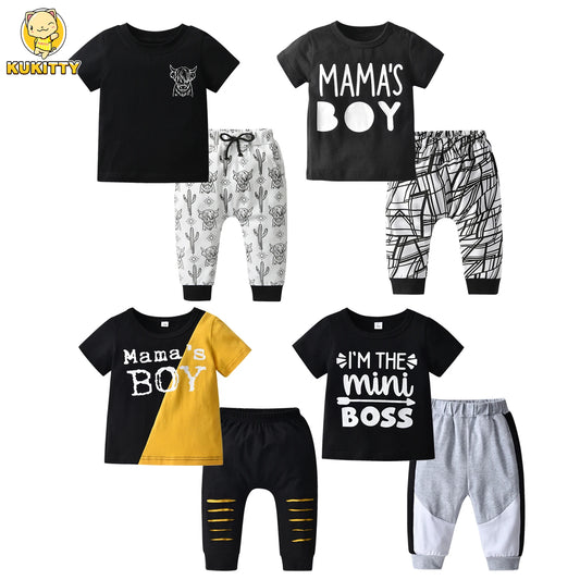 Neugeborene Baby Sommerkleidungs-Set – Kurzarm T-Shirt und Patchwork/Ripped Hole Hosen