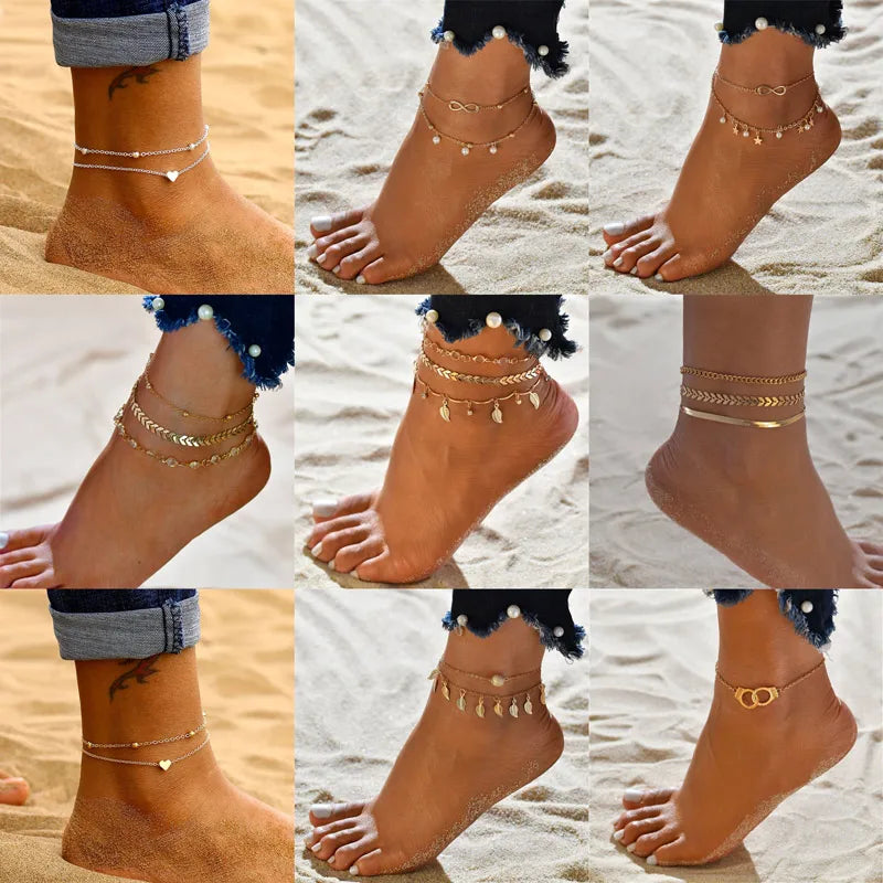 Modyle Gold and Silver Tone Multilayer Anklets for Women - Beaded Ankle Bracelets, Beach and Foot Jewelry