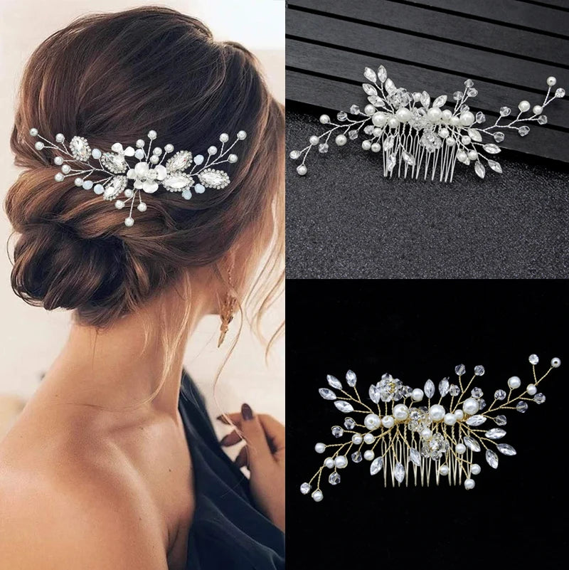 Western Wedding Fashion Jewelry – Handmade Headpiece for the Bride, Wedding Crown, Flower Pearl Hair Accessories, Hairpin Ornaments