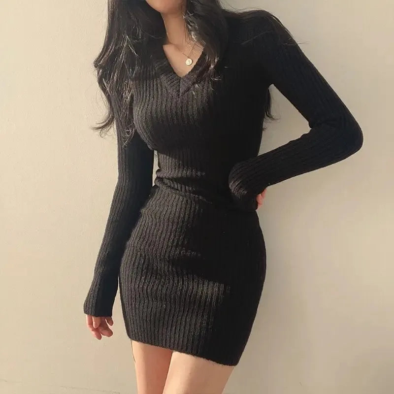 Women knit slim sexy figure-hugging dress V-neck long sleeve dress solid casual midi sweater dress for women 2024 autumn winter