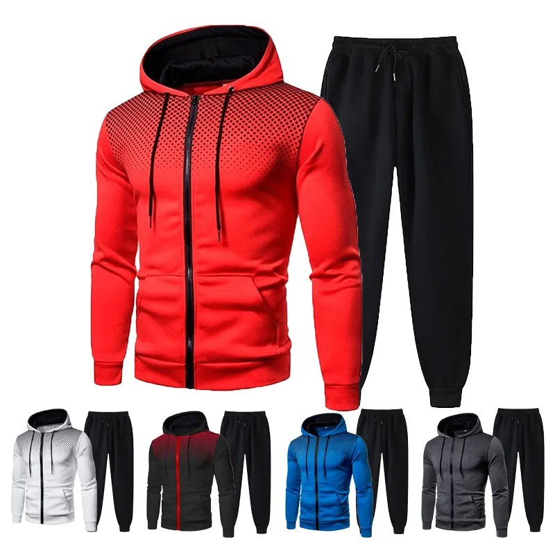 Herbst/Winter Herren-Set – Einfarbiger Fleece-Pullover mit Reißverschluss, Sporthose und Hut