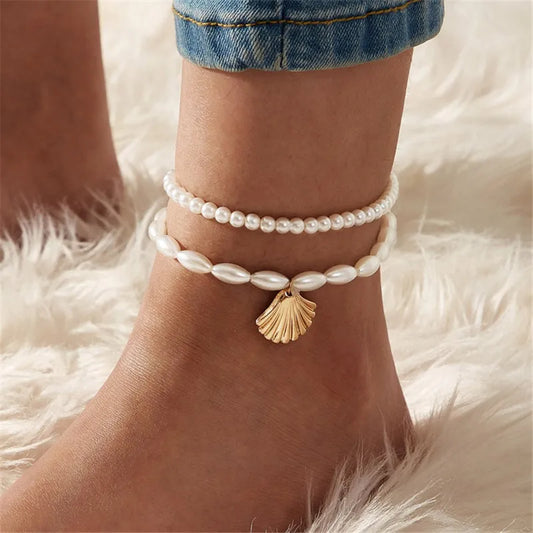 Modyle New Fashion Bohemian Anklet for Women – Simulated Pearls, Gold Tone Shell Pendants, Wedding and Gift Jewelry