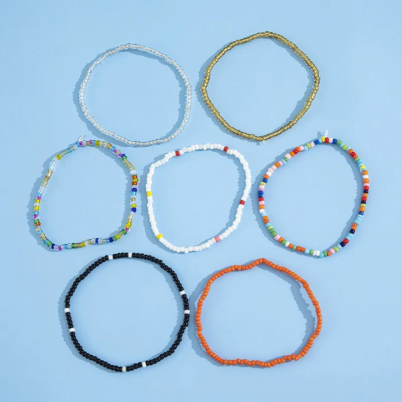 Modyle 7-piece set - Handmade rainbow beaded anklets, elastic ankle bracelets, ideal for beach jewelry