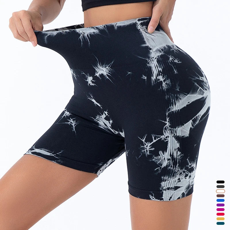 High-Taille Butt-Lift-Shorts für Frauen, nahtlose Tie-Dye-Shorts, Gym-Workout, hohe Elastizität, modische, gestrickte, schlanke Dreipunkt-Hose.