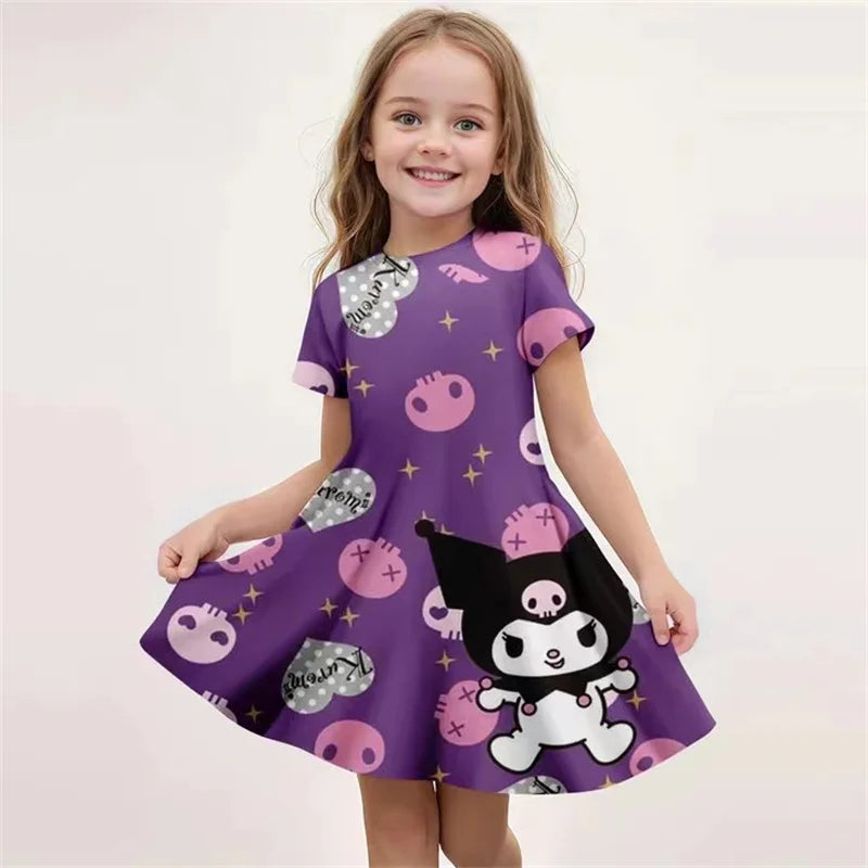 Miniso Kuromi 3D-Druck Mädchen Kurzarm-Kleid, Cartoon-Rock, Hochwertige Kinderkleidung, 4-14 Jahre