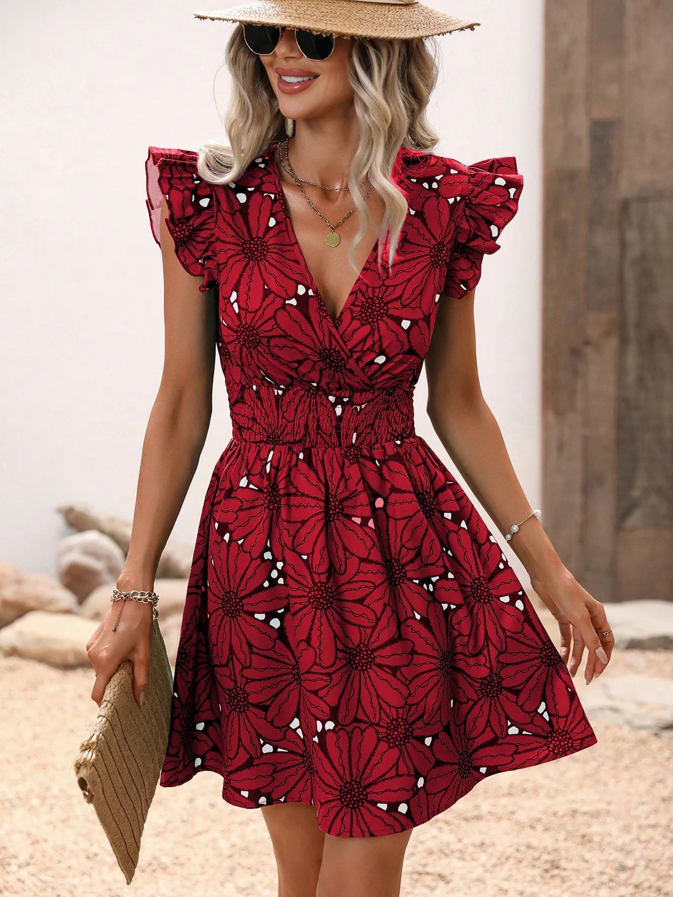 Chic floral print vest a-line dress for women, summer v-neck mini skirt elegant holiday dress.