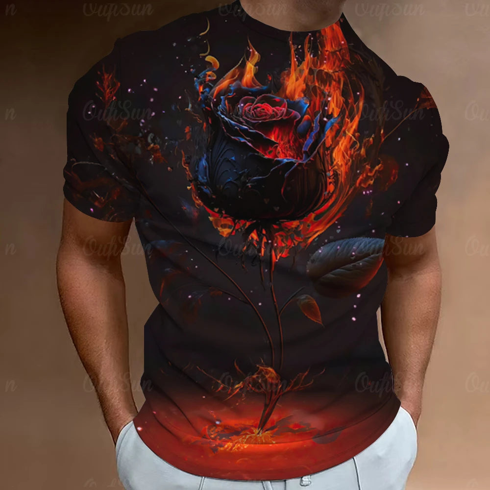 Oversized Herren T-Shirt mit 3D Blumenprint – Streetwear Kurzarm Rose Shirt