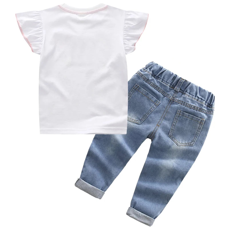 Summer Kids Clothing Set – Baby Girls &amp; Boys 2-Piece Outfit, Cartoon Minnie/Mickey Mouse T-Shirt &amp; Jeans Pants