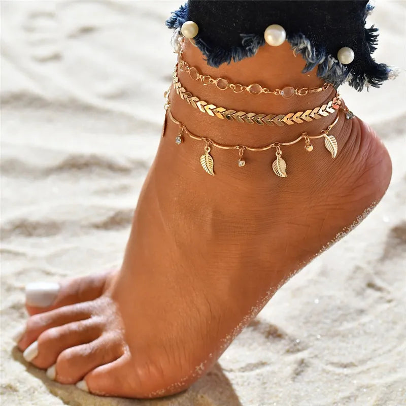 Modyle Gold and Silver Tone Multilayer Anklets for Women - Beaded Ankle Bracelets, Beach and Foot Jewelry