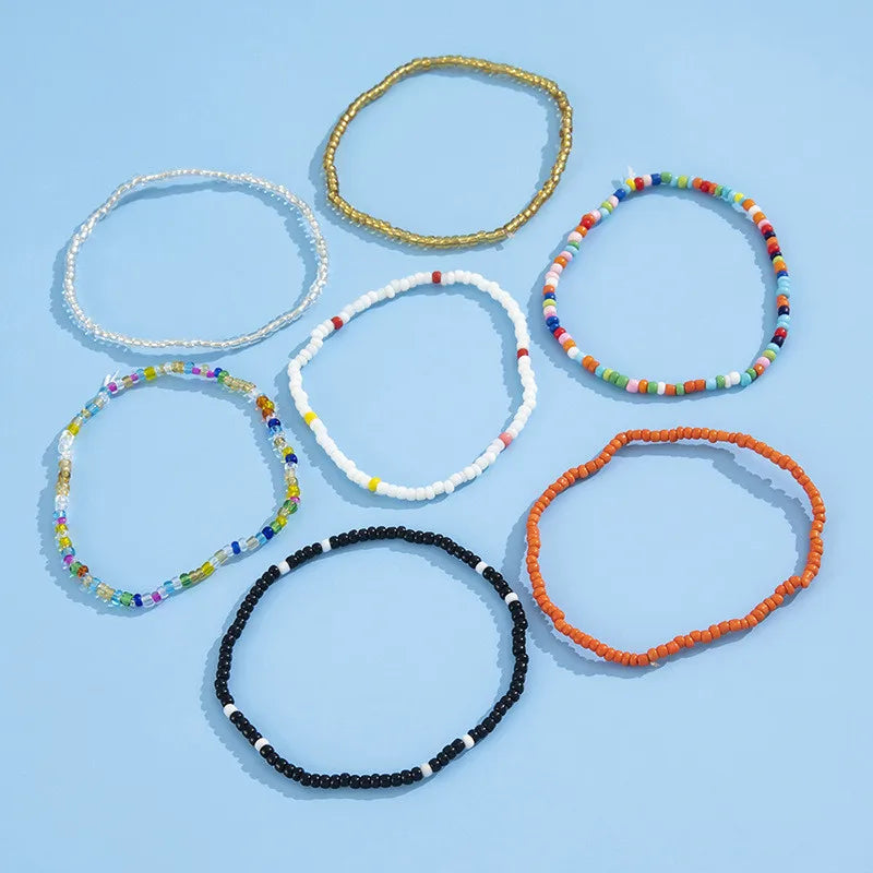 Modyle 7-piece set - Handmade rainbow beaded anklets, elastic ankle bracelets, ideal for beach jewelry