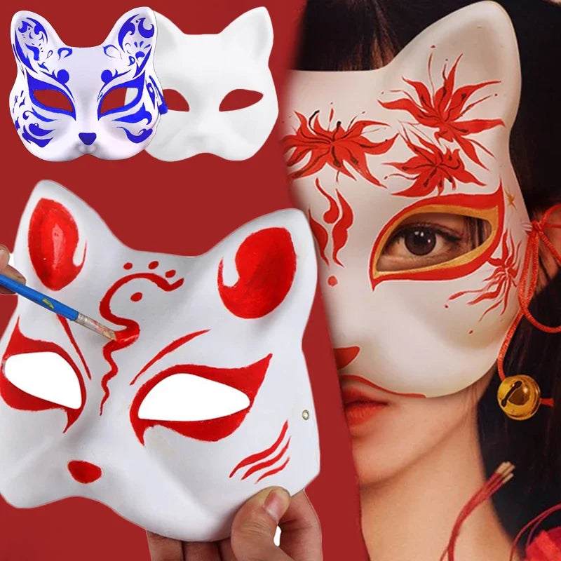 Weiße DIY Papiermaske (Katze/Fuchs) – 1/5 Stück, Halbgesichtsmaske für Halloween & Cosplay