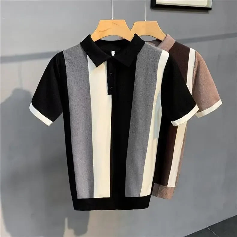 Sommer Herren Polo Shirt – Koreanische Vintage-Style, Gestreift mit Reißverschluss, Halbarm, Eis-Seide Strick, Lässiges T-Shirt