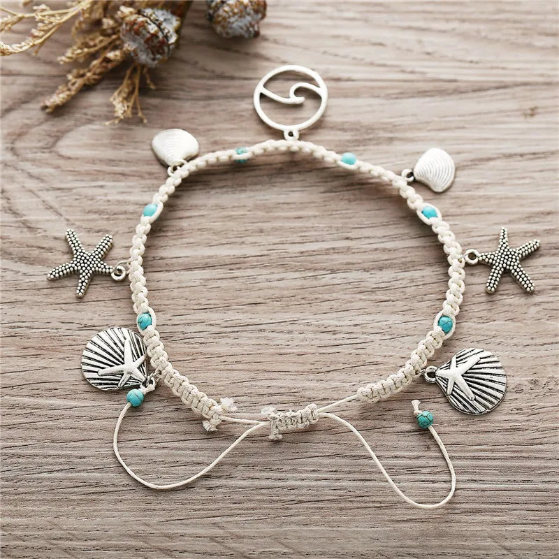 Modyle Bohemian Starfish Wave Anklet for Women - Handmade Green Stone Chain, Foot Jewelry for Summer and Beach, Ideal as a Bracelet