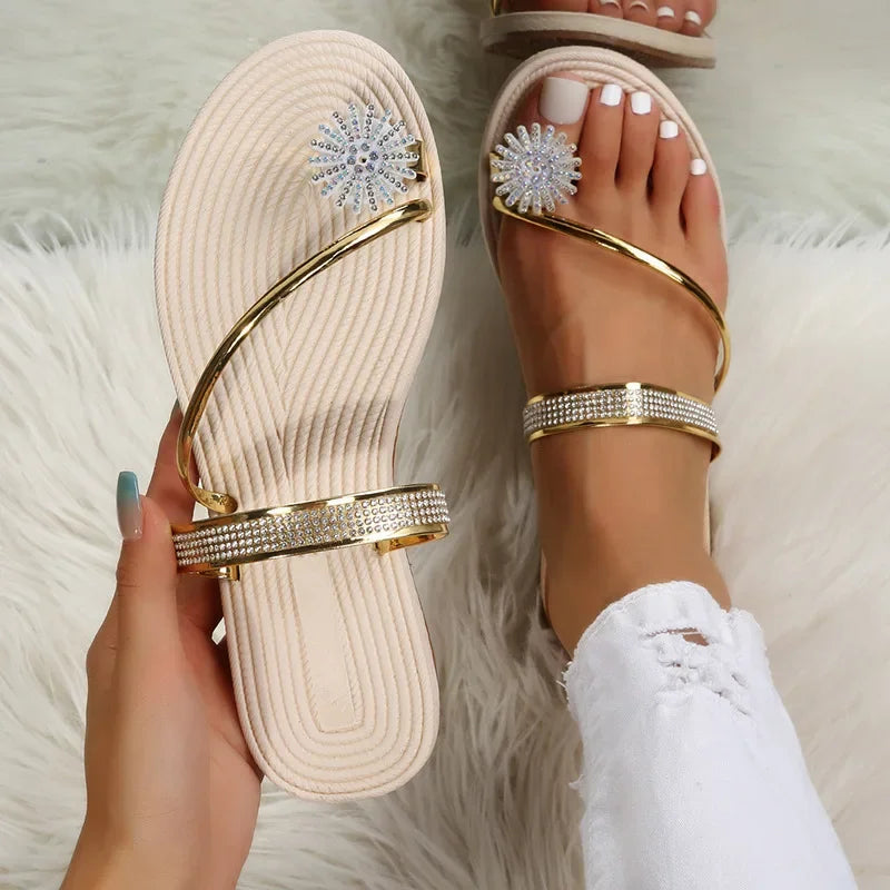 Women summer flat rhinestone flower beach slippers, comfortable clip toe ladies flat beach sandals, casual female flip flops, zapatos mujer.