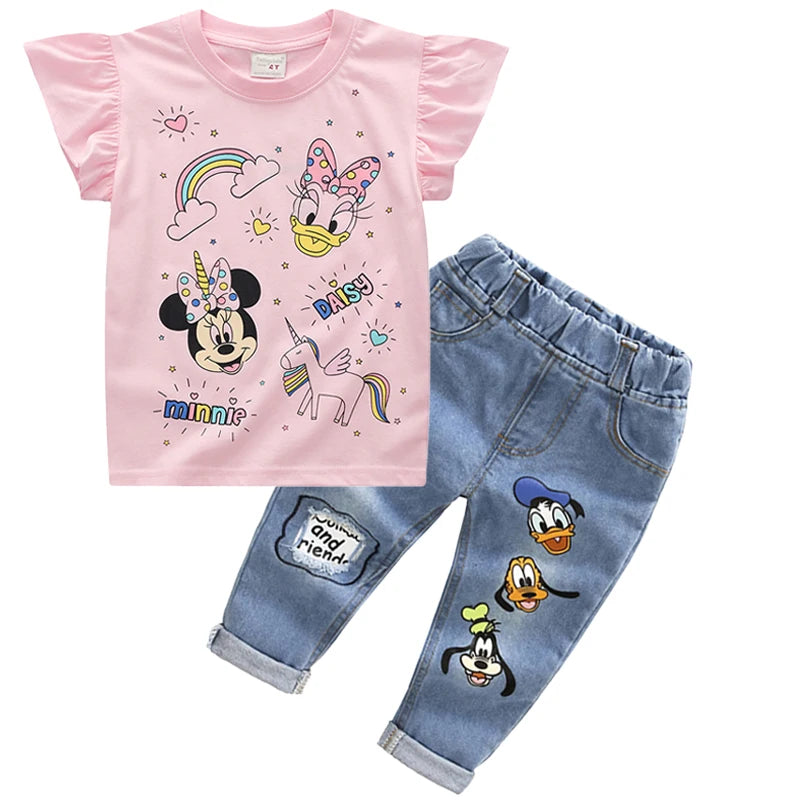 Summer Kids Clothing Set – Baby Girls &amp; Boys 2-Piece Outfit, Cartoon Minnie/Mickey Mouse T-Shirt &amp; Jeans Pants