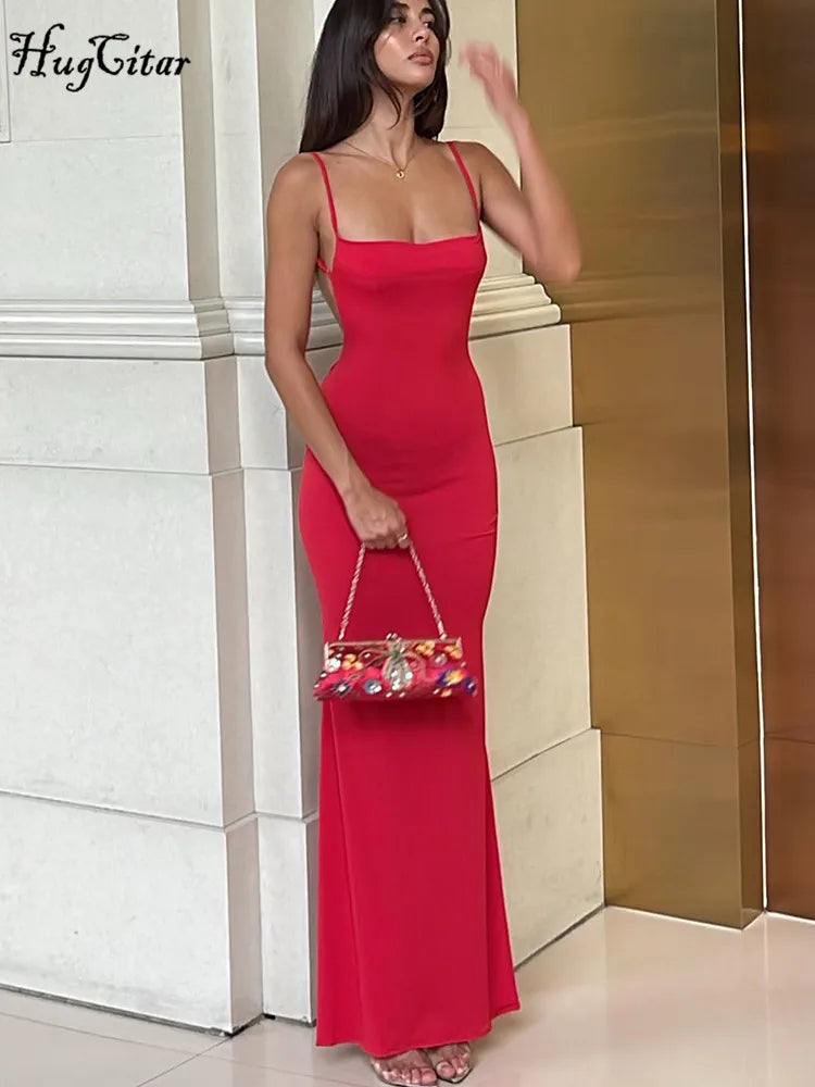 Hugcitar Frühling, solides, ärmelloses, rückenfreies, elegantes und sexy Bodycon-Maxi-Ballkleid für Frauen, ideal für Geburtstagsfeiern, lässiger Y2K-Stil..