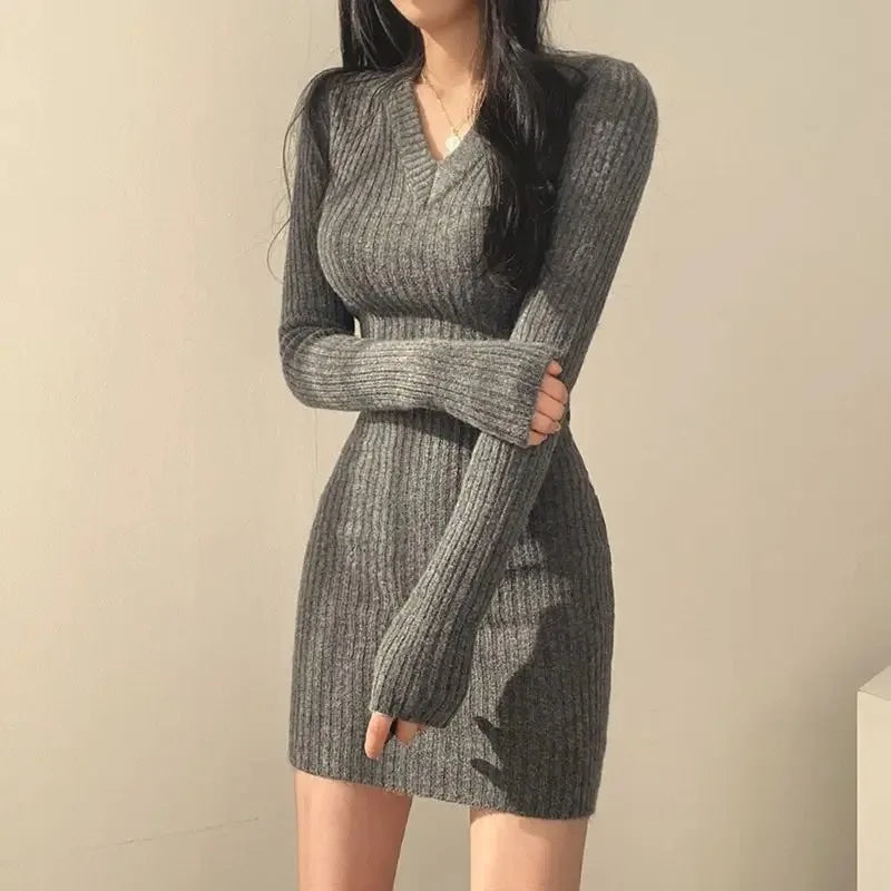 Women knit slim sexy figure-hugging dress V-neck long sleeve dress solid casual midi sweater dress for women 2024 autumn winter