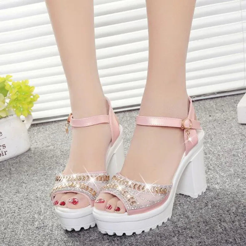 Women elegant wedge sandals for summer, platform pumps, roman wedge sandals with crystal details, peep toe, Sandali Donna Eleganti.