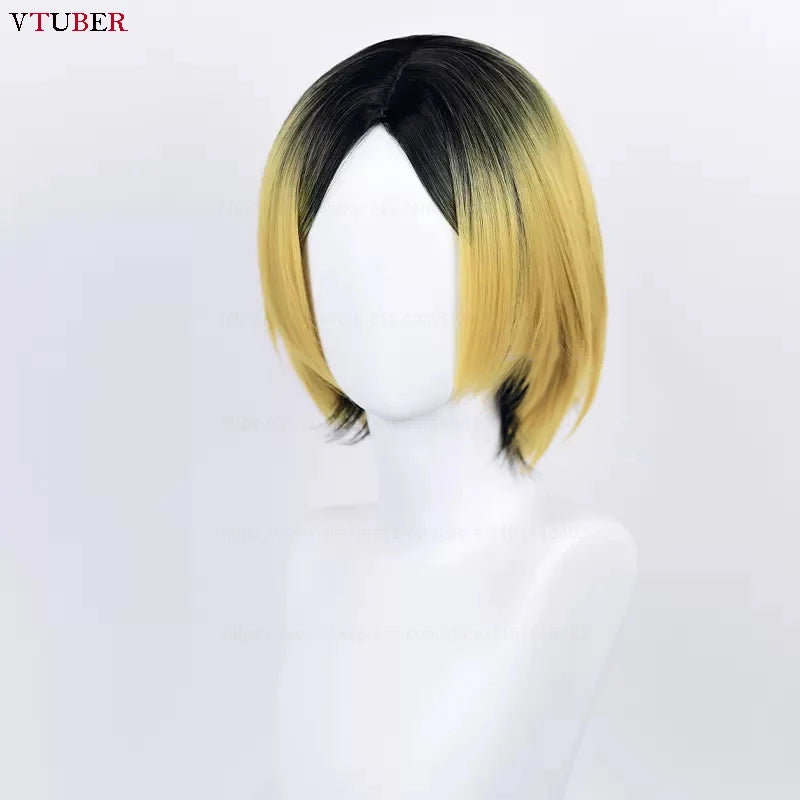 Kenma Kozume Cosplay Perücke – Kurze Schwarz-Gelbe, Hitzebeständige Synthetische Anime-Haare