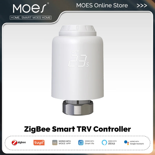 Moes TRV Tuya Zigbee Thermostat – Smart Heizkörperventil mit Drahtloser Fernsteuerung, Temperaturregler, Kompatibel mit Alexa Sprachsteuerung