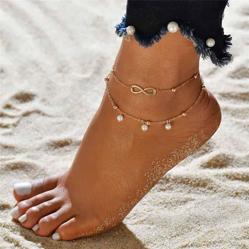 Modyle Gold and Silver Tone Multilayer Anklets for Women - Beaded Ankle Bracelets, Beach and Foot Jewelry