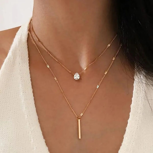 Vintage Shiny Crystal Drop Pendant Necklace – Multilayer Gold Color Collar Simple Design for Girls Fashion Jewelry