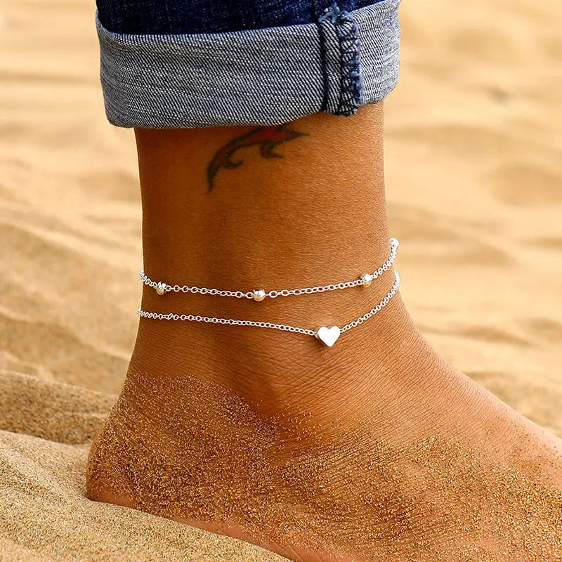 Modyle Gold and Silver Tone Multilayer Anklets for Women - Beaded Ankle Bracelets, Beach and Foot Jewelry