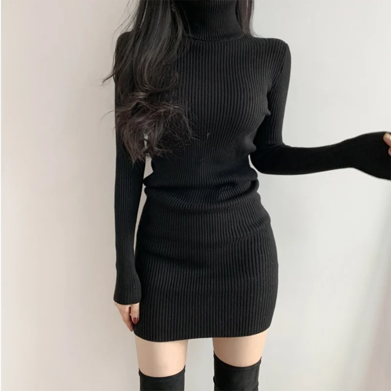 Frauen Herbst Winter Rollkragen Warme, Figurbetontes Kleid Langarm Stricken Solide Büro Pullover Sexy Mini Kleid für Damen