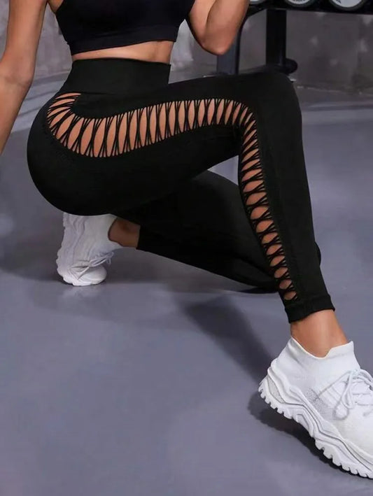 Sexy, hohle, schwarze, nahtlose Leggings für Frauen – Fitness-Leggings, ideal für das Fitnessstudio, Yoga, hohe Taille, Sportbekleidung.