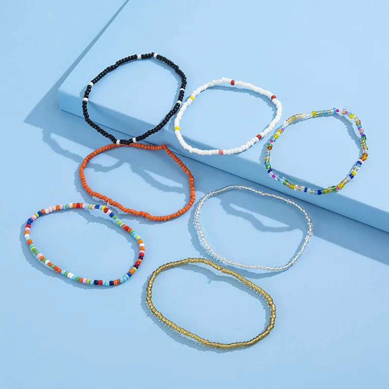 Modyle 7-piece set - Handmade rainbow beaded anklets, elastic ankle bracelets, ideal for beach jewelry