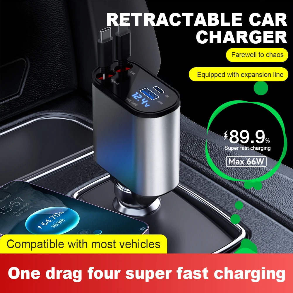 4-in-1 Retraktives Auto-Schnellladegerät - 86W, PD, QC3.0, Zigarettenanzünder-Adapter mit USB Type-C und Apple