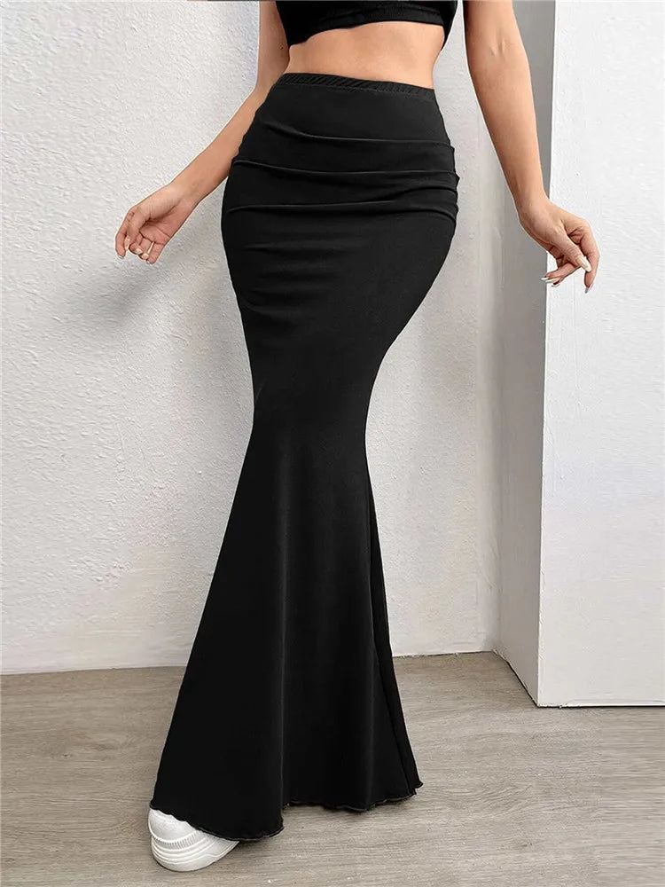 Eleganter Geraffter Maxi-Rock für Frauen – Figurbetont, Hohe Taille, Elastisch, Sexy Schwarz, Meerjungfrau-Stil, Sommer Streetwear