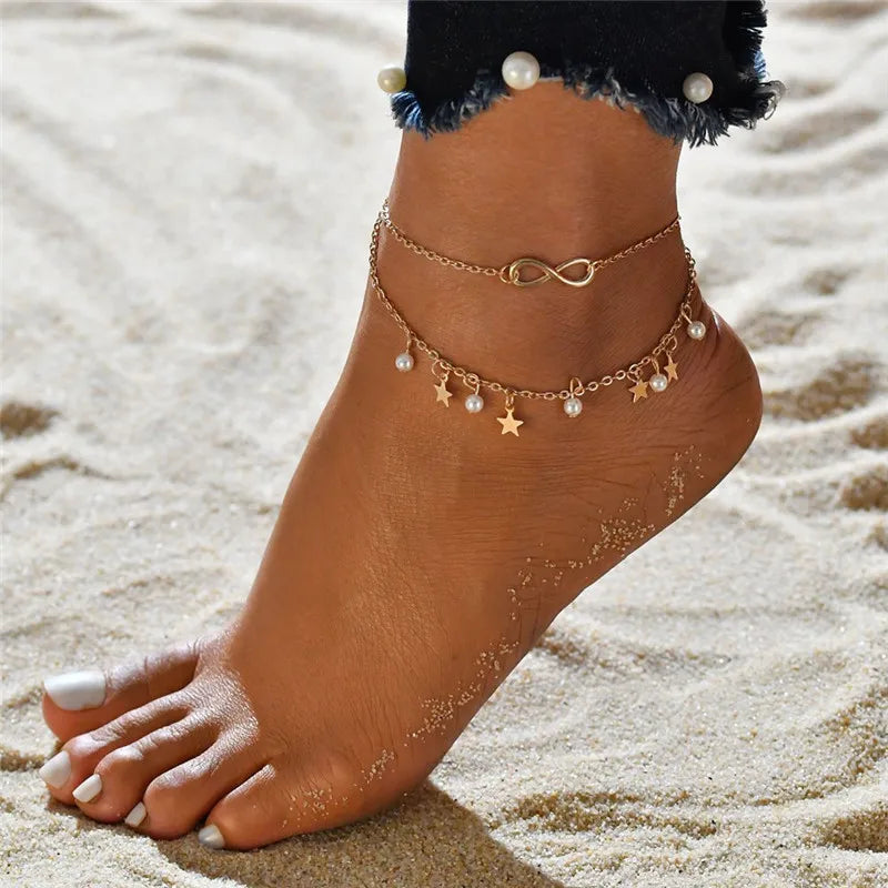 Modyle Gold and Silver Tone Multilayer Anklets for Women - Beaded Ankle Bracelets, Beach and Foot Jewelry