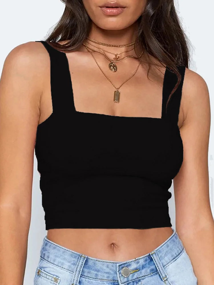 Ärmelloses Crop-Top mit quadratischem Ausschnitt – Sommer, weiß oder schwarz, für Frauen, casual, basic, sexy, rückenfrei