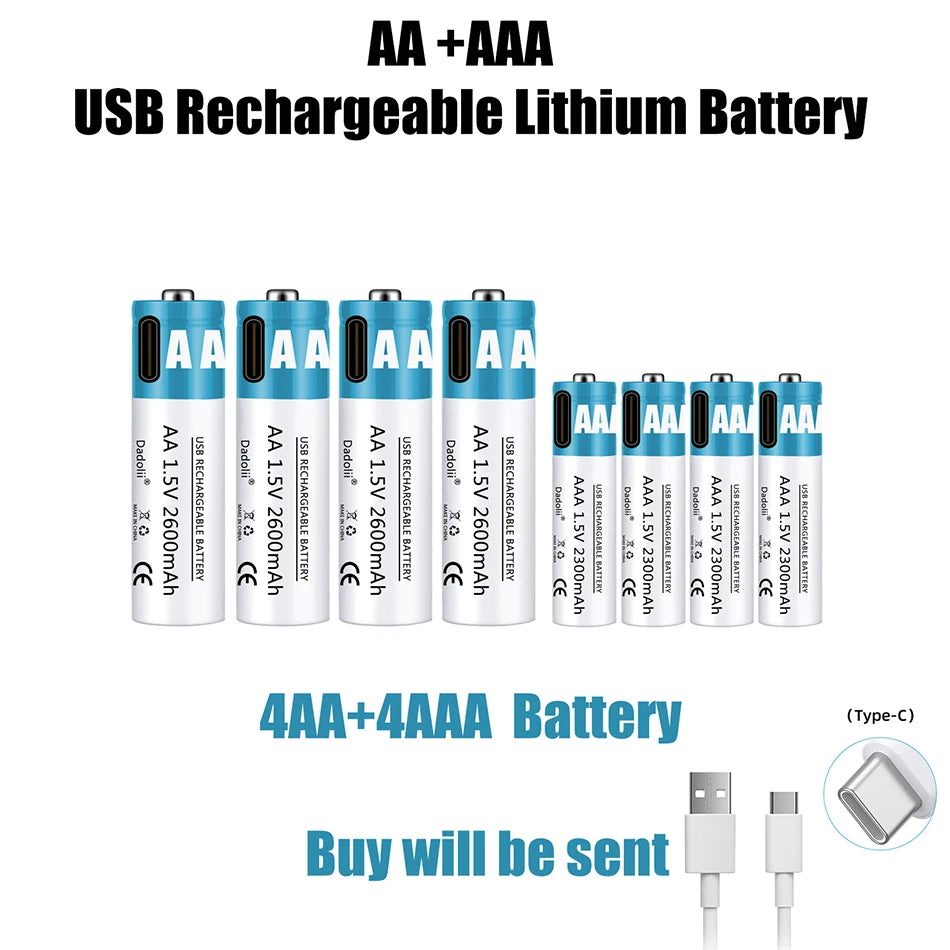 AA AAA 1.5V Wiederaufladbare Lithium-Ionen-Batterien – 2600mAh, USB-Schnellladung