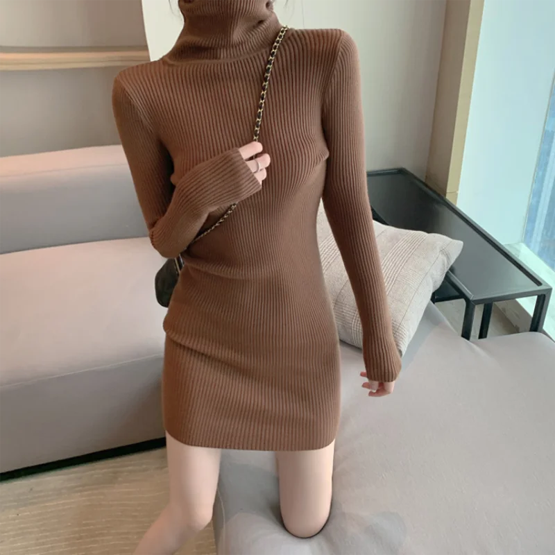 Frauen Herbst Winter Rollkragen Warme, Figurbetontes Kleid Langarm Stricken Solide Büro Pullover Sexy Mini Kleid für Damen