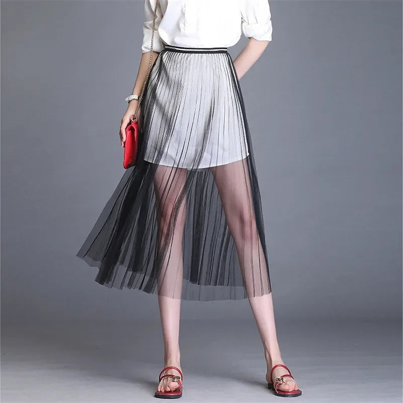 Women's Sexy Mesh Lace Skirt - Transparent, Long Tulle, Korean Fashion, Summer, High Waist, Black/White, Elastic, Beach Midi Skirt