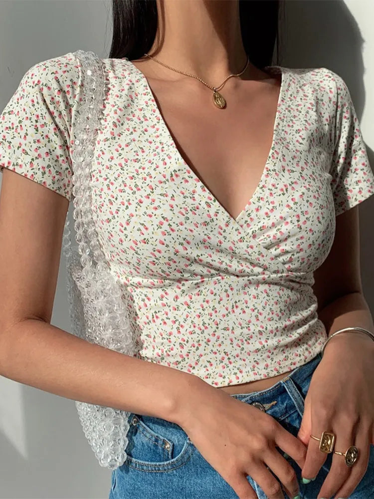 Sommer Französisch Retro-T-Shirt – Floral, V-Ausschnitt, kurzarm, schlank, hohe Taille, für Frauen