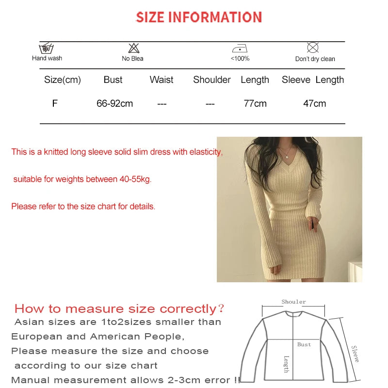 Women knit slim sexy figure-hugging dress V-neck long sleeve dress solid casual midi sweater dress for women 2024 autumn winter